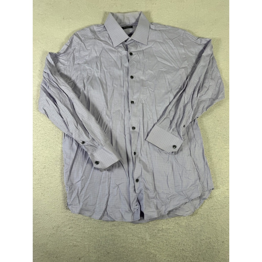 Saks Fifth Avenue Dress Shirt Mens 17.5L Lavender White Check Good Cotton Shirt